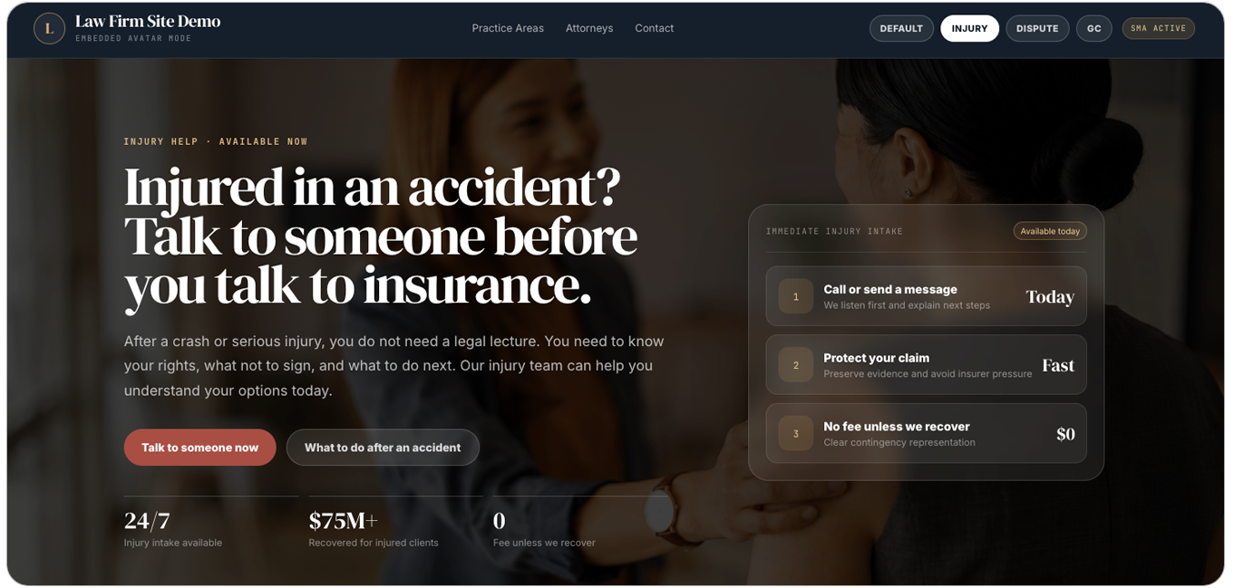 Law Firm Site Demo screenshot showing an injury-focused hero state