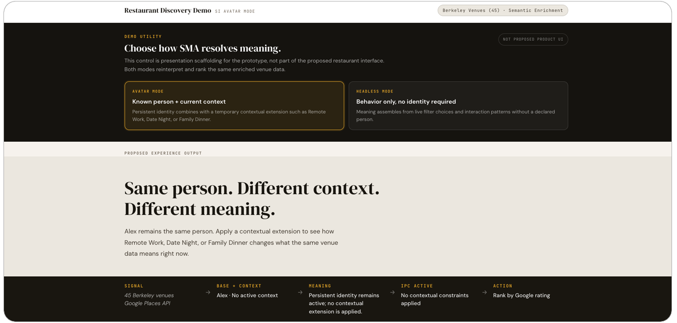 Restaurant Discovery Demo screenshot showing headless controls and enriched venue fields
