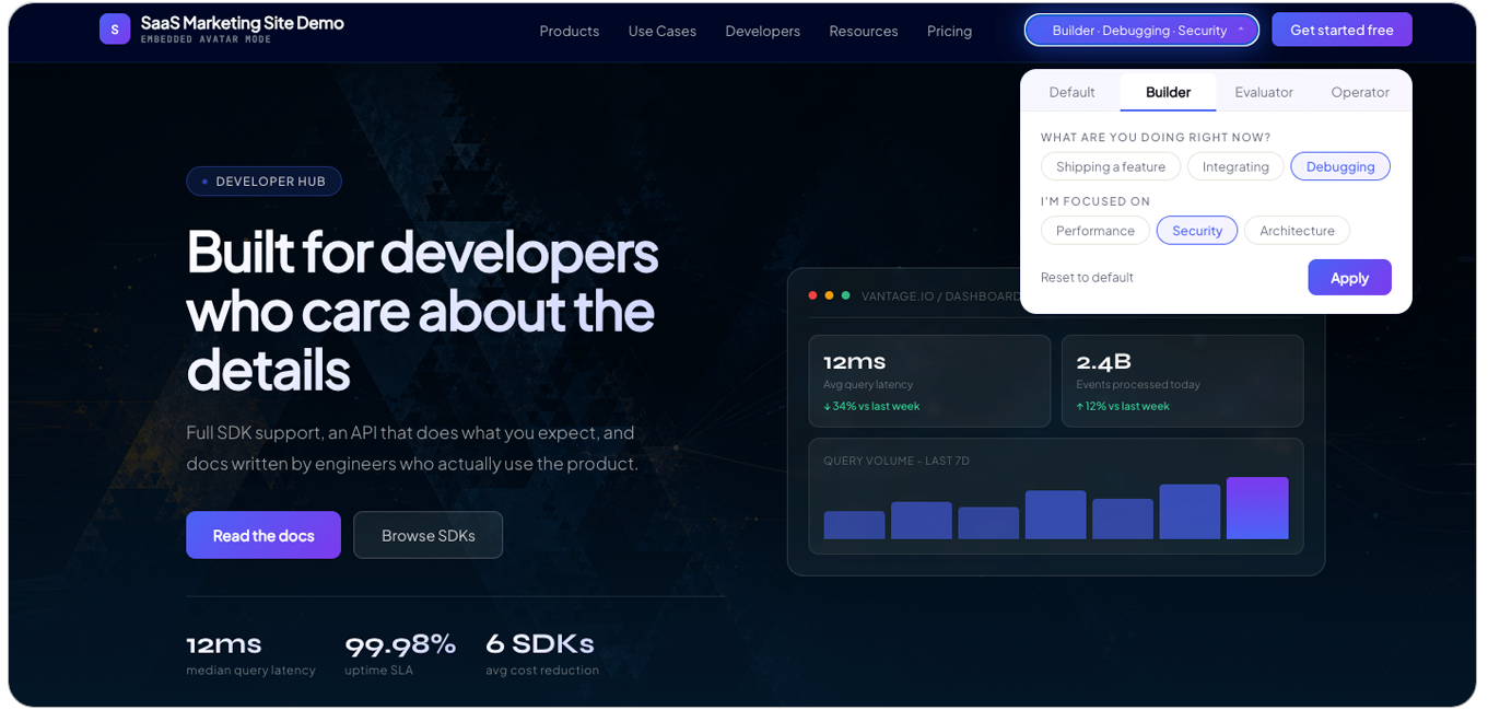 SaaS Marketing Site Demo screenshot showing a builder-focused hero state