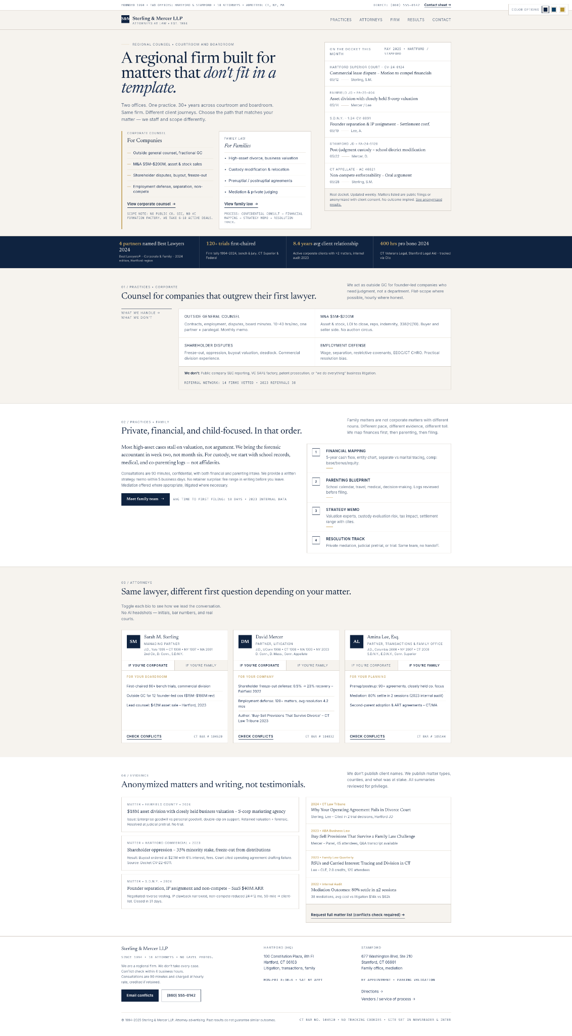 Meta AI first-pass revision with an editorial layout, docket evidence, detailed practice areas, and audience-aware attorney profiles
