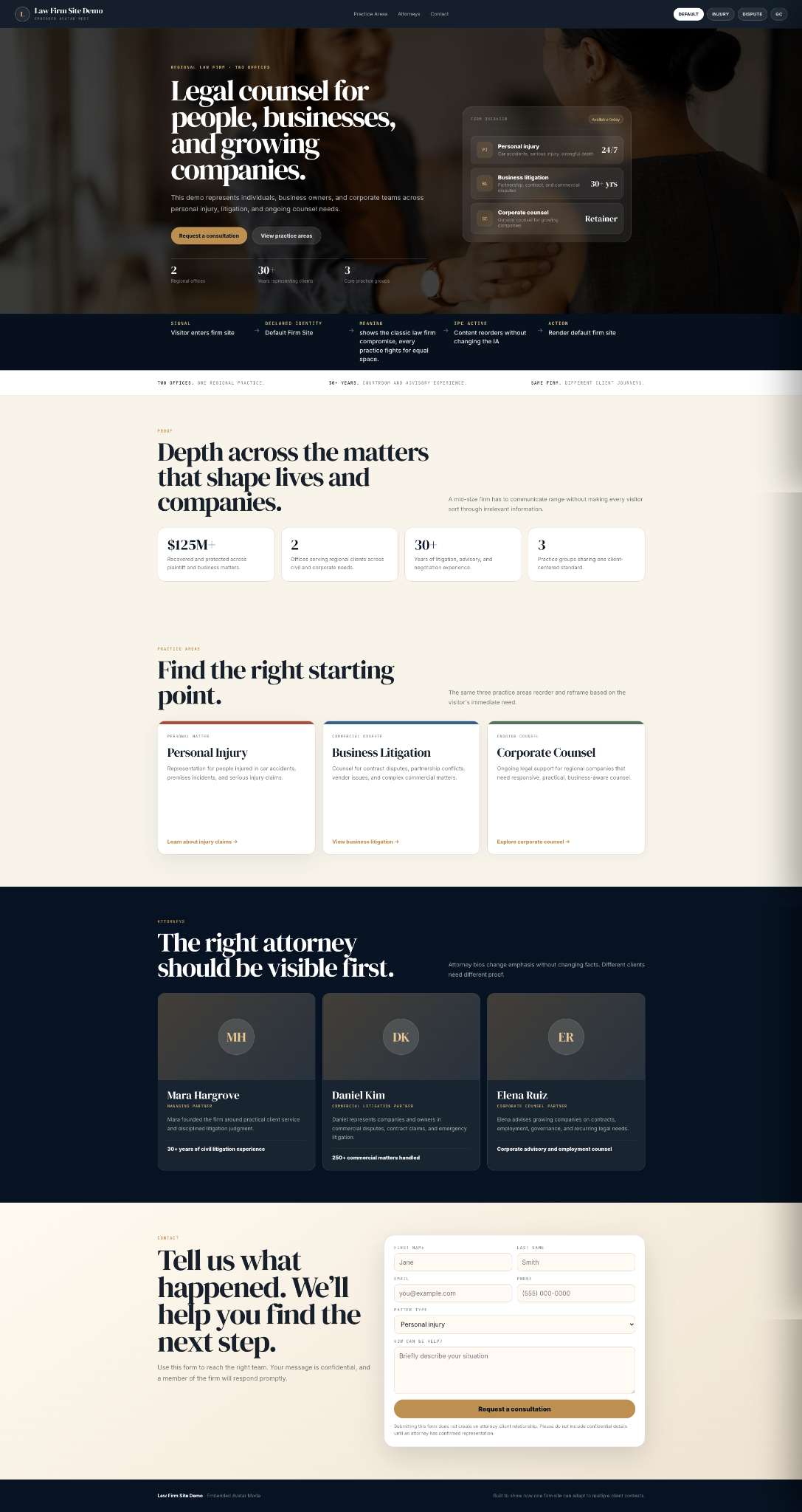 Original law-firm demo with a conventional cinematic hero, statistics, service cards, and attorney cards