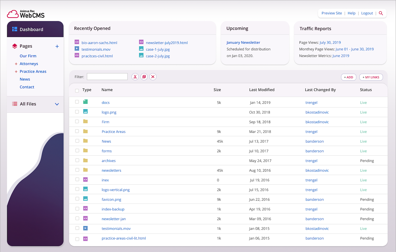 Animus Rex WebCMS dashboard interface
