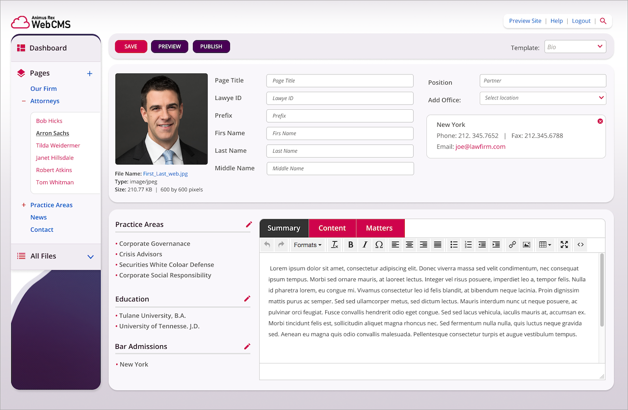 Animus Rex WebCMS overview interface